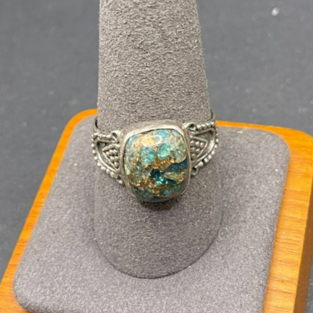 Vtg 925 Sterling Silver Turquoise Pyrite Matrix Composite Cabochon Ring Sz 10.25